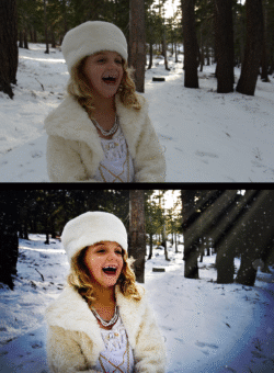 Adjusting lighting, skin tones, adding sun rays and snow. All manual in Photoshop, no filters.